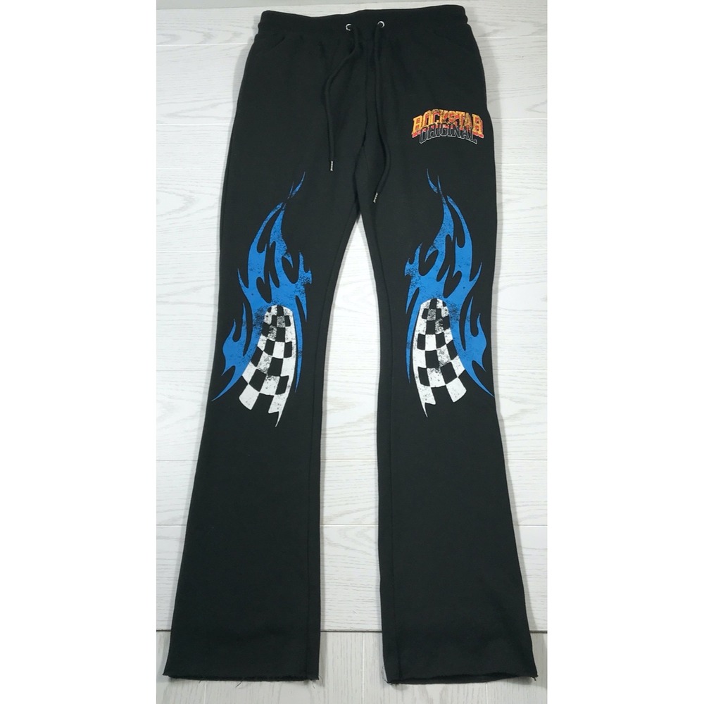 Rockstar Original Sweatpants Mens XL Black Flames Flare Athleisure Long Inseam